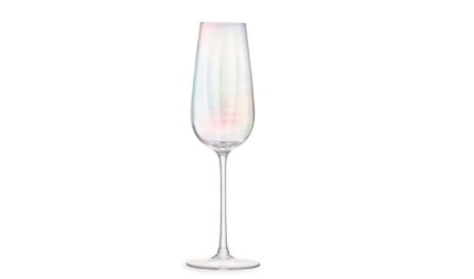 Tall champagne flute with a slender stem and iridescent pastel colors on a white background.
