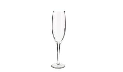 Clear champagne flute with long stem standing upright on a white background.