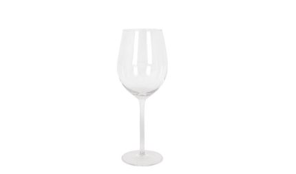 Clear stemmed wine glass on a white background, empty and upright.