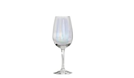 Clear wine glass with a subtle iridescent tint on a white background.