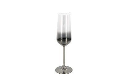 Champagne flute with a dark gradient from bottom to clear top, standing on a white background.