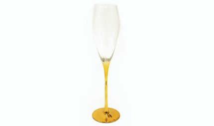 Tall champagne flute with a small amount of golden liquid at the bottom on a white background, upright and empty above the liquid edge