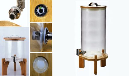 Clear glass beverage dispenser on a wooden stand with a metal tap and wooden lid (collage with close-ups).