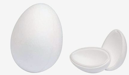 Large white egg next to an open white oval plastic storage container with its lid separated from the base.