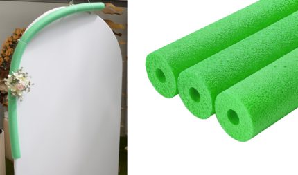 White craft board with a curved green pool noodle and small flowers attached; three green pool noodles on the right.