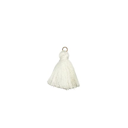 White tassel charm with a small gold loop at the top for hanging or jewelry use.