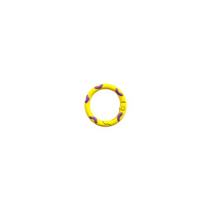 Yellow circular plastic ring toy with purple bumps, centered on a white background