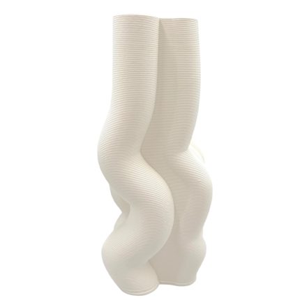 Abstract white sculpture of two intertwined, leg-like forms with subtle horizontal stripes.