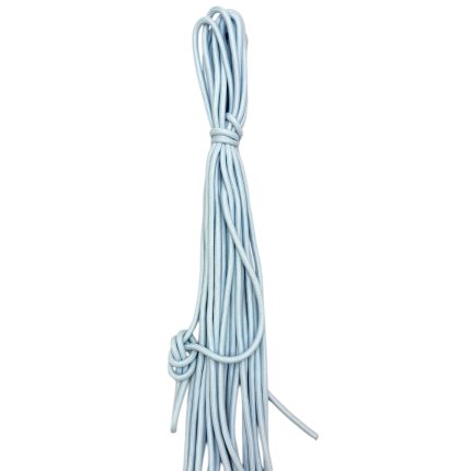 Bundle of light-blue braided cords tied in a knot, hanging vertically in a neat bundle
