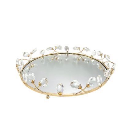 Round vanity mirror with a gold metal frame and crystal droplets around the edge for a decorative touch.