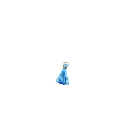 Small blue tassel charm with a gold loop on a white background, isolated item