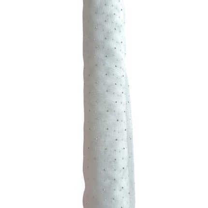 Light gray fabric with small silver beads or rhinestones scattered across the surface.
