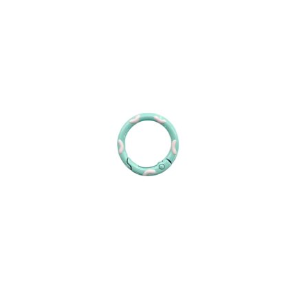 Mint green circular silicone teething ring with pink/white accents and a small clasp at the bottom.