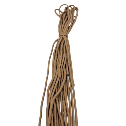 Bundle of tan paracord cords tied in a loose knot at the top, hanging downward