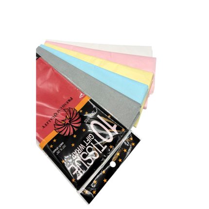 Assorted pastel tissue paper sheets fanned out beside a black star-patterned gift wrap package for wrapping gifts.