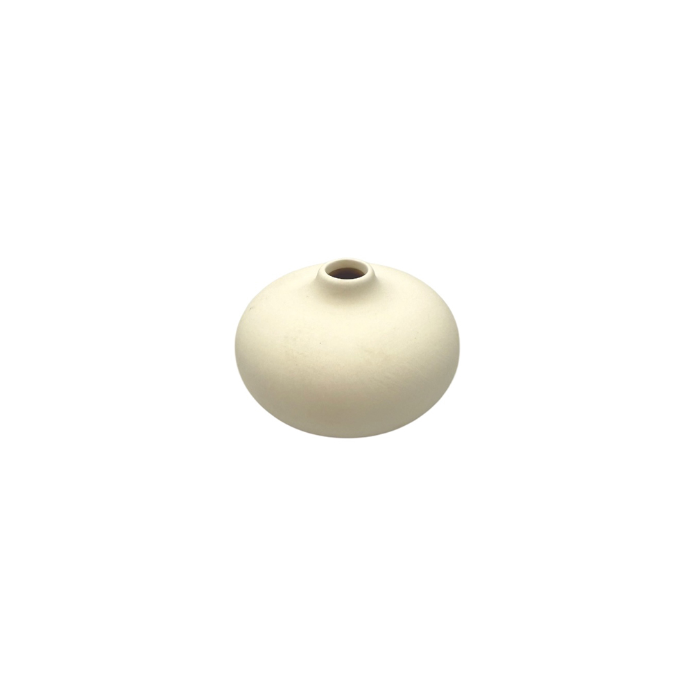 32DDE037-5445-FD3B-EB68-019D9B9DF06D_11 | La Vie en Rose Cream-colored, round ceramic vase with a small, narrow opening at the top