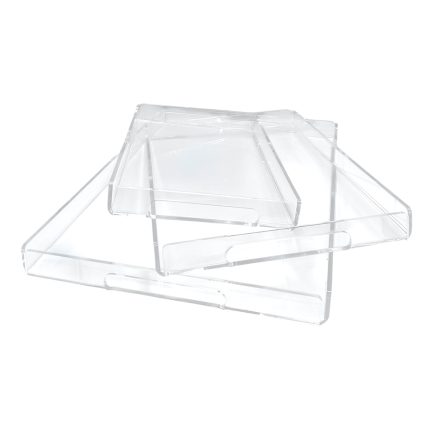 Clear acrylic multi-tier display stand with slanted shelves for showcasing items at a counter or desk.