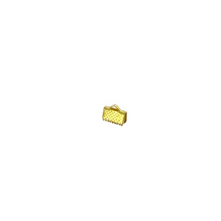 Small gold clutch purse with a perforated pattern and curved handle on a white background