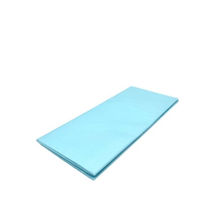 Light blue folded napkin on a white background, partially unfolded at the edge