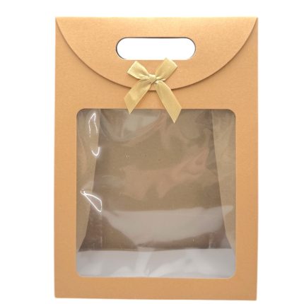 Brown kraft gift box with a clear window and a gold bow at the top, showing an empty interior.