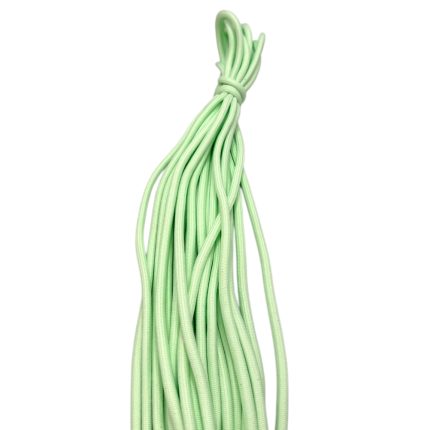 Bundle of lime-green paracord tied at the top, hanging down in loose strands, on a white background.