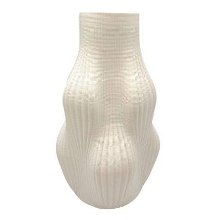 Cream ceramic vase with a ribbed, curvy silhouette and narrow neck.