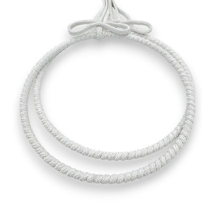 Double silver rope necklace coiled into a circular shape with a decorative knot at the top, on a white background