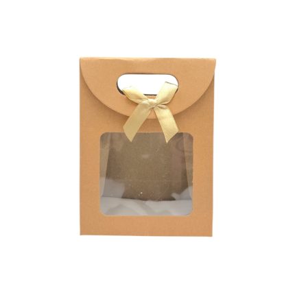 Brown kraft gift box with a window and a gold satin bow on the front, tissue inside visible through the window.