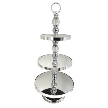 Three-tier chrome cake stand with circular mirrored trays and a hanging loop on top