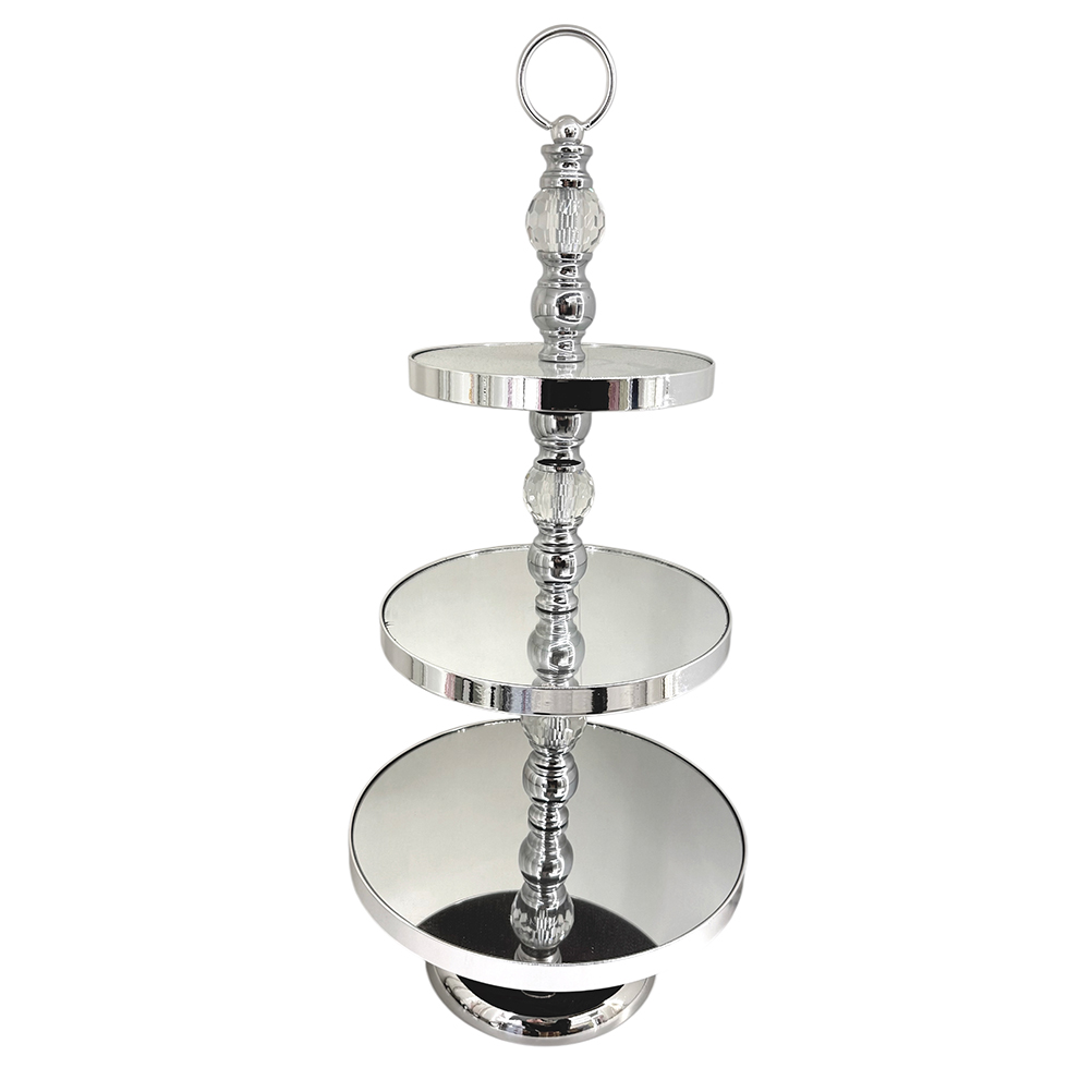 54A44C15-C3D3-A685-5BC5-019D48D39D6F_11 | La Vie en Rose Three-tier chrome cake stand with circular mirrored trays and a hanging loop on top