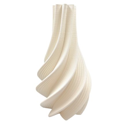 Cream-colored pleated fabric twisted into a sculptural ribbon shape.