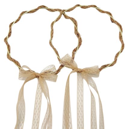 Two braided twine wreaths tied with large ivory ribbons, overlapping on a white background.