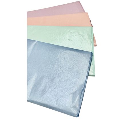 Stack of pastel tissue papers in lavender, peach, mint, and light blue arranged diagonally.