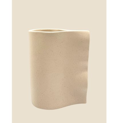 Beige speckled ceramic vase with an irregular curved rim on a neutral background.