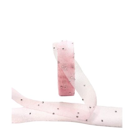 Pink sheer ribbon with small rhinestones spread on a white background