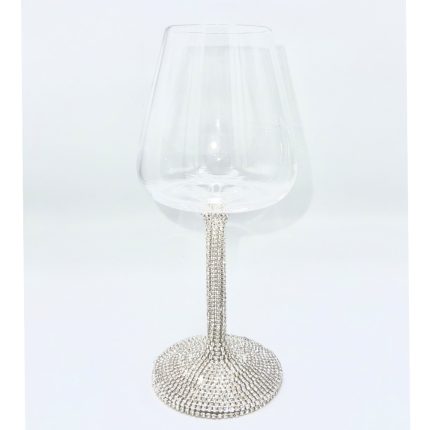 Clear wine glass with a rhinestone-studded stem and base on a white background.