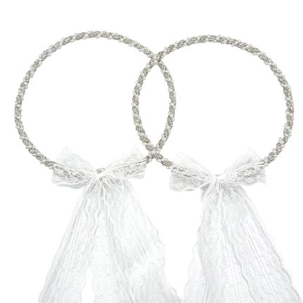 Two silver braided headbands with white lace bows and long lace ribbons (bridal accessories).
