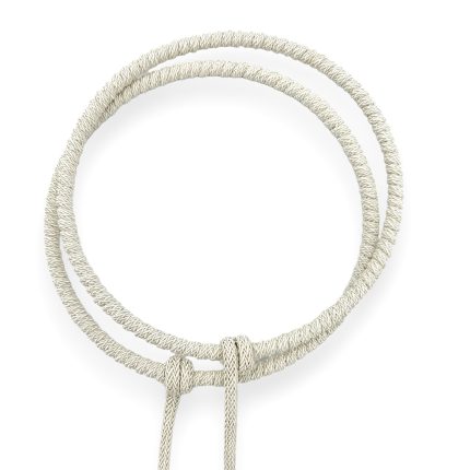 Braided beige rope necklace with two loops and a front knot, shown on white background