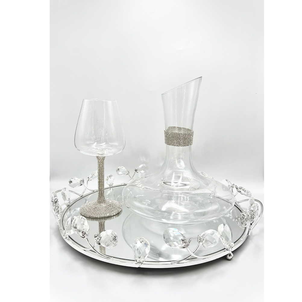 7C9B44BC-8E99-A0C9-476D-019D49339DEC_21 | La Vie en Rose Crystal decanter and wine glass on a mirrored tray with hanging crystal bead accents.