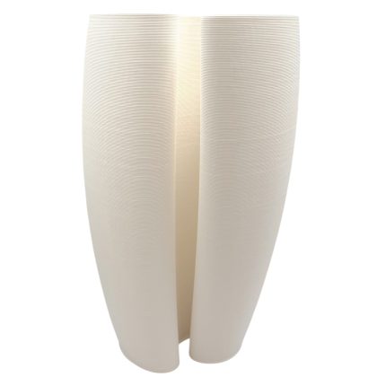 White ceramic sculpture with two tall curved panels forming a split center and subtle ribbed texture on the sides, minimalist design.