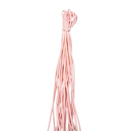 Bundle of pink cords tied in a knot at the top, hanging downward downward.