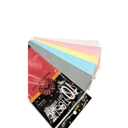 Fanned stack of pastel tissue paper sheets in pink, white, yellow, blue, and gray beside a black package labeled tissue paper for crafts.