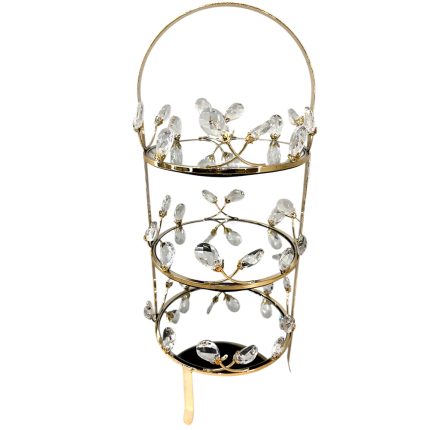 Three-tier gold-tone metal stand with clear crystal leaf accents, used as a decorative centerpiece or display piece.