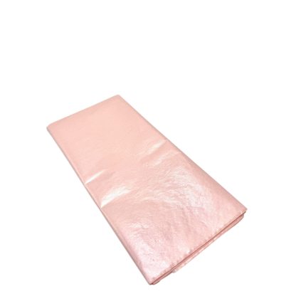 Folded sheet of pink metallic foil or wrapping paper on a white background.