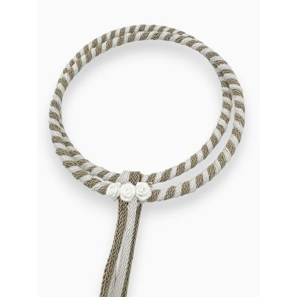 Double braided beige and white rope necklace with white rose knot accents.
