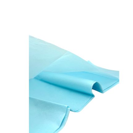 Light blue satin fabric partially rolled and folded on a white background