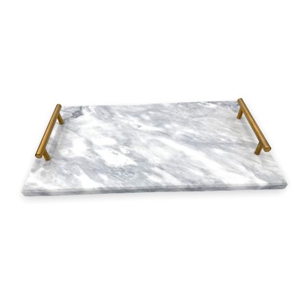 Rectangular marble serving tray with gold-brass handles on each end and subtle gray veining