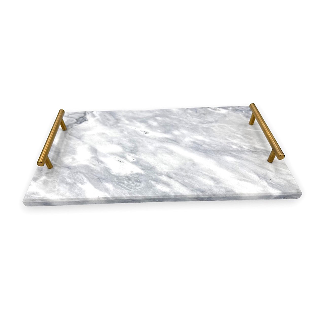9A0F0F45-2420-8BDF-2177-018ED25E1AED_11 | La Vie en Rose Rectangular marble serving tray with gold-brass handles on each end and subtle gray veining