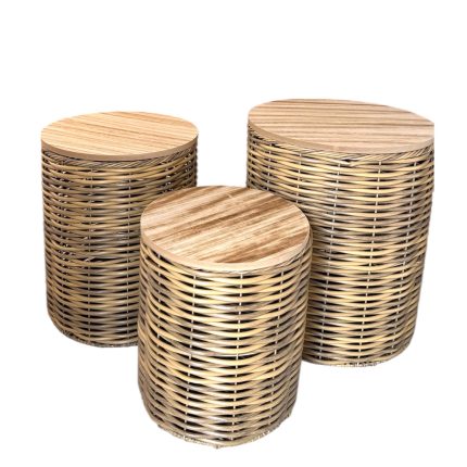 Three round wicker storage baskets with matching wooden lids in varying heights set together.