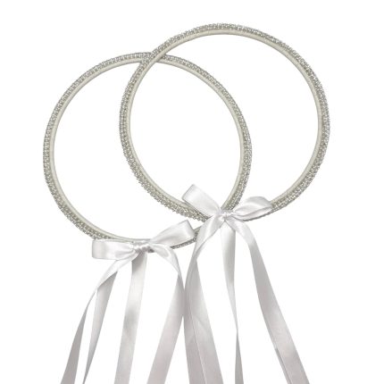 Two white beaded headbands with sparkling stones and white satin ribbons tied in bows (bridal accessory)